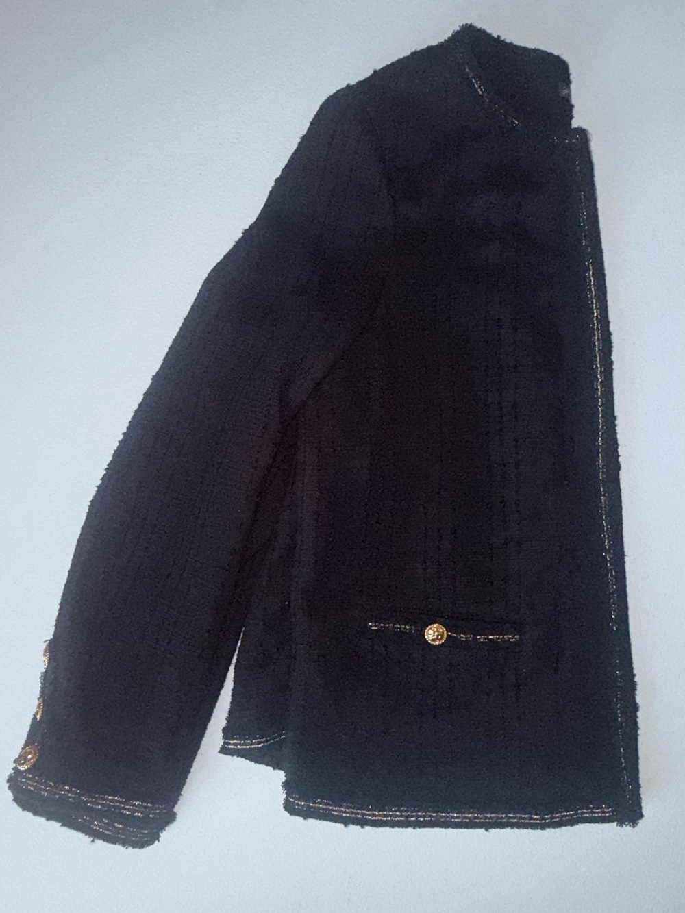 Adrianna Papell Black Tweed Boucle Blazer Gold Trim Collarless Jacket Size M - Picture 5 of 11